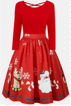 MIBO New Christmas Printing Sexy Backless Splicing Dress Large Sizw