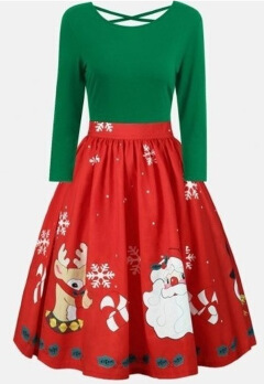 MIBO New Christmas Printing Sexy Backless Splicing Dress Large Sizw