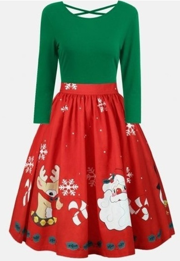 MIBO New Christmas Printing Sexy Backless Splicing Dress Large Sizw