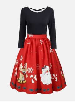 MIBO New Christmas Printing Sexy Backless Splicing Dress Large Sizw