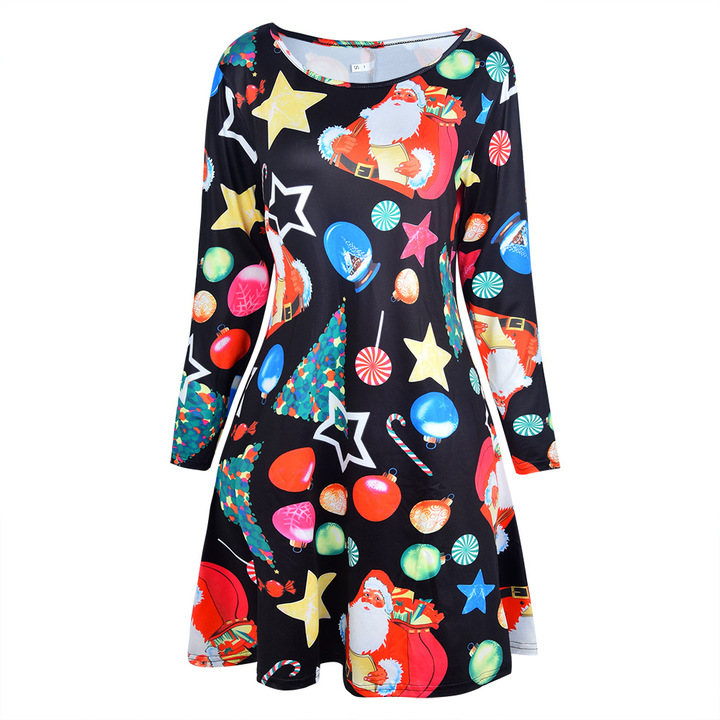 MIBO Hot Selling 2018 Christmas Printing Dress Multi-flower Colorful Skirt Christmas Man Lucky Star
