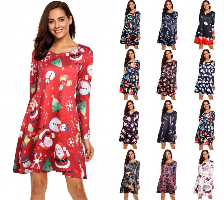 MIBO Hot Selling 2018 Christmas Printing Dress Multi-flower Colorful Skirt Christmas Man Lucky Star