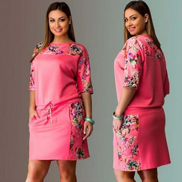 MIBO New Round Collar and Middle Sleeve Digital Printing Waist Line Fat MM Dress for Women