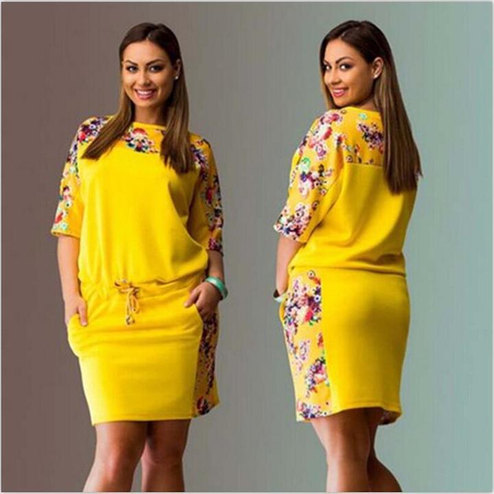 MIBO New Round Collar and Middle Sleeve Digital Printing Waist Line Fat MM Dress for Women