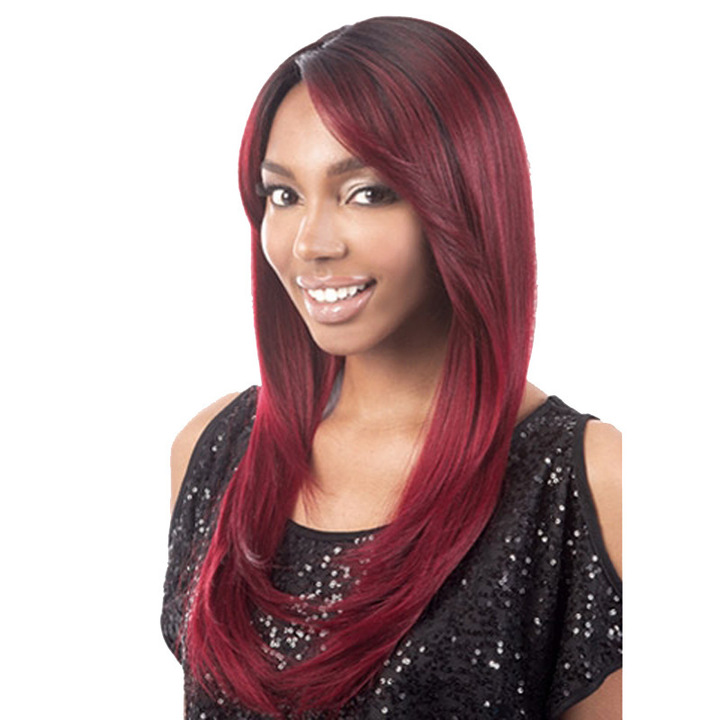 MIBO Women's Fashion Long Straight Hair Wine Red Color Synthetic Wig Head Set