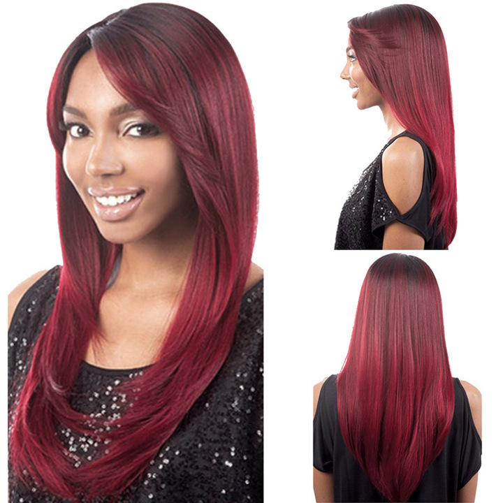 MIBO Women's Fashion Long Straight Hair Wine Red Color Synthetic Wig Head Set