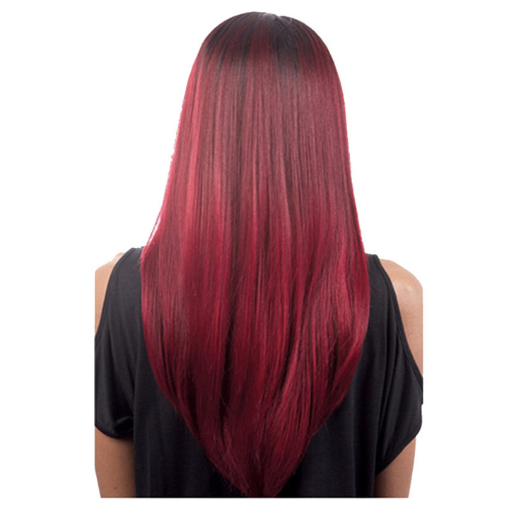 MIBO Women's Fashion Long Straight Hair Wine Red Color Synthetic Wig Head Set