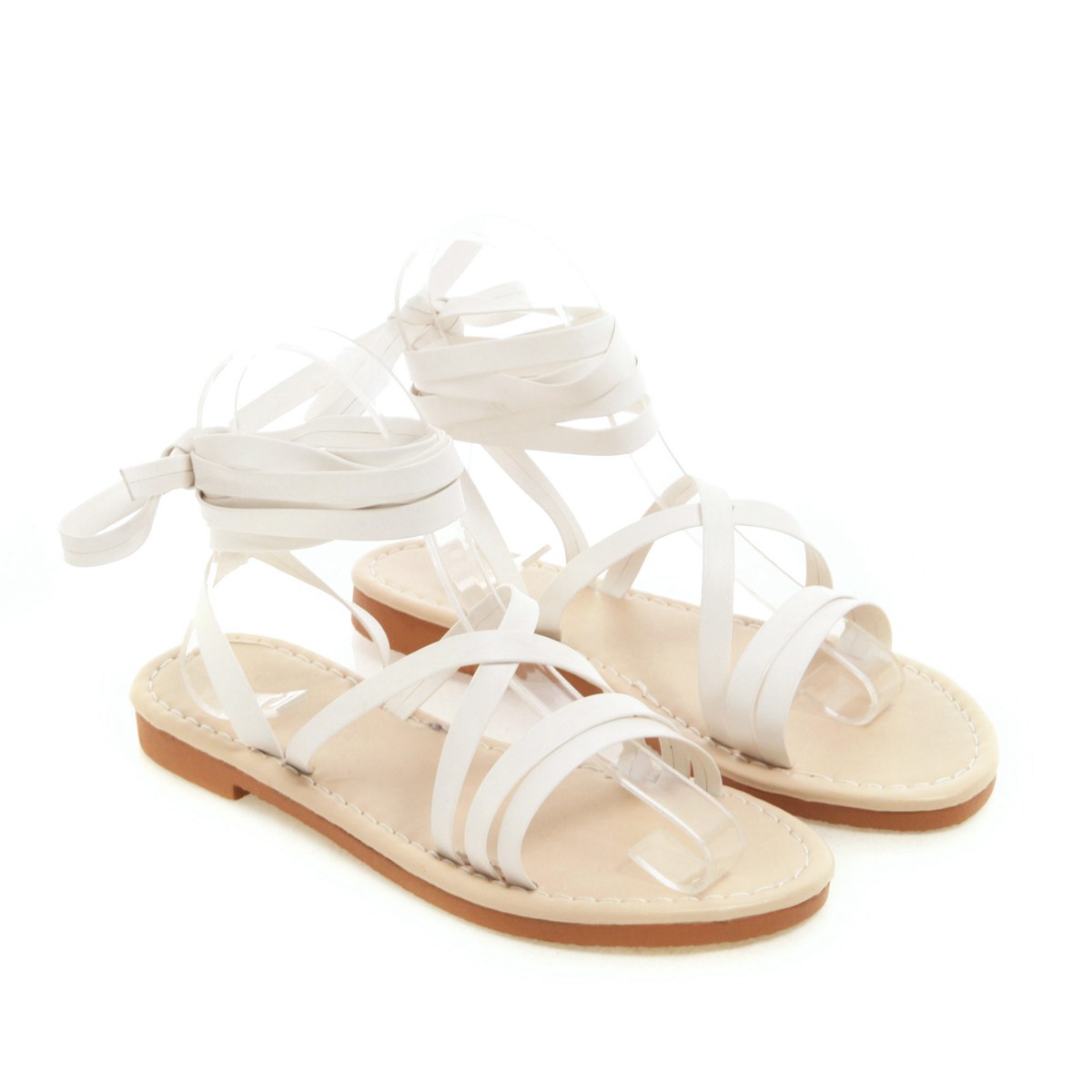 MIBO Women's Summer Sandal Shoes Synthetic Flat Heel Crossed Lace Up Sandals