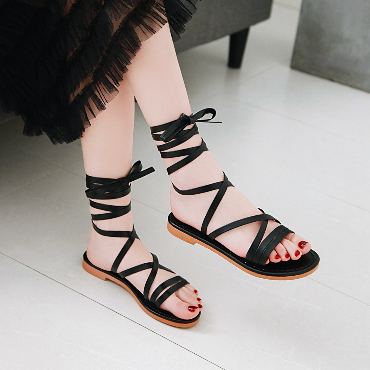 MIBO Women's Summer Sandal Shoes Synthetic Flat Heel Crossed Lace Up Sandals