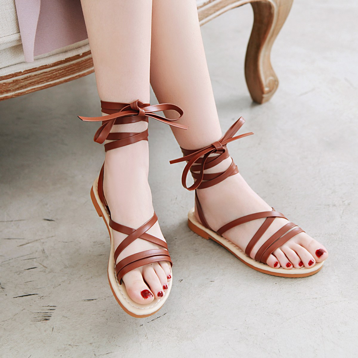 MIBO Women's Summer Sandal Shoes Synthetic Flat Heel Crossed Lace Up Sandals