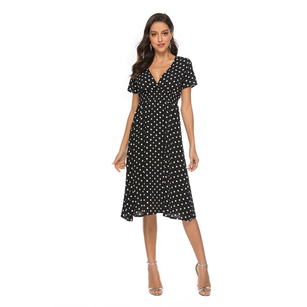 MiBo 2019 New Beach Skirt Printed V-collar Short Sleeve Dress Bohemian Skirt