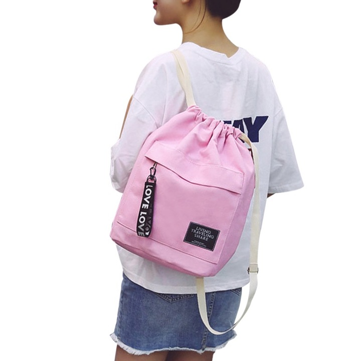 Women's Canvas Backpack Shoulder Bag Bucket Bag With String