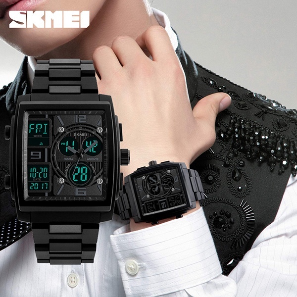 SKMEI Men's Fashion Wrist Stopwatch 3 Time Zone Business Dual Display Calendar Alarm 50m Waterproof