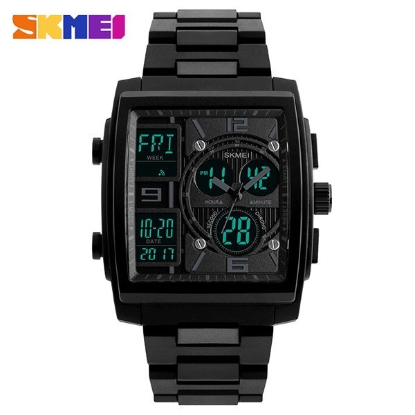 SKMEI Men's Fashion Wrist Stopwatch 3 Time Zone Business Dual Display Calendar Alarm 50m Waterproof