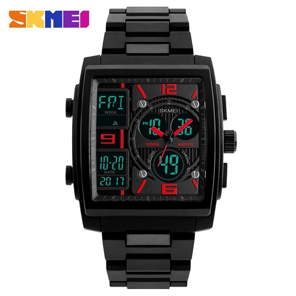 SKMEI Men's Fashion Wrist Stopwatch 3 Time Zone Business Dual Display Calendar Alarm 50m Waterproof
