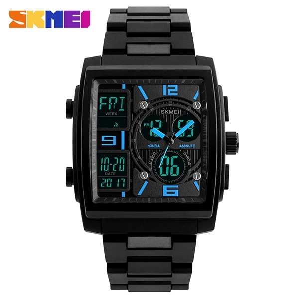 SKMEI Men's Fashion Wrist Stopwatch 3 Time Zone Business Dual Display Calendar Alarm 50m Waterproof