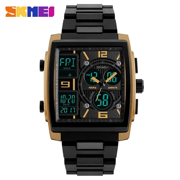 SKMEI Men's Fashion Wrist Stopwatch 3 Time Zone Business Dual Display Calendar Alarm 50m Waterproof