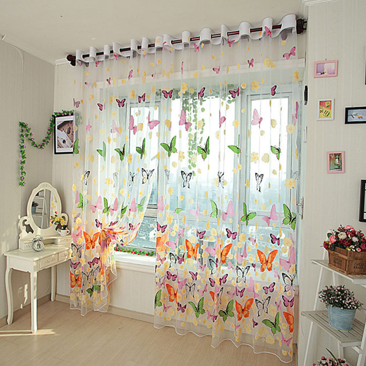 Multicolored Home Butterflies Polyester Printed Gauze Curtains for Home Decoration