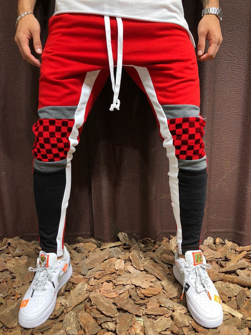 Men's Casual Sports Jogging Pants Plaid Color Matching Hip Hop Fitness Foot Stitching Trousers