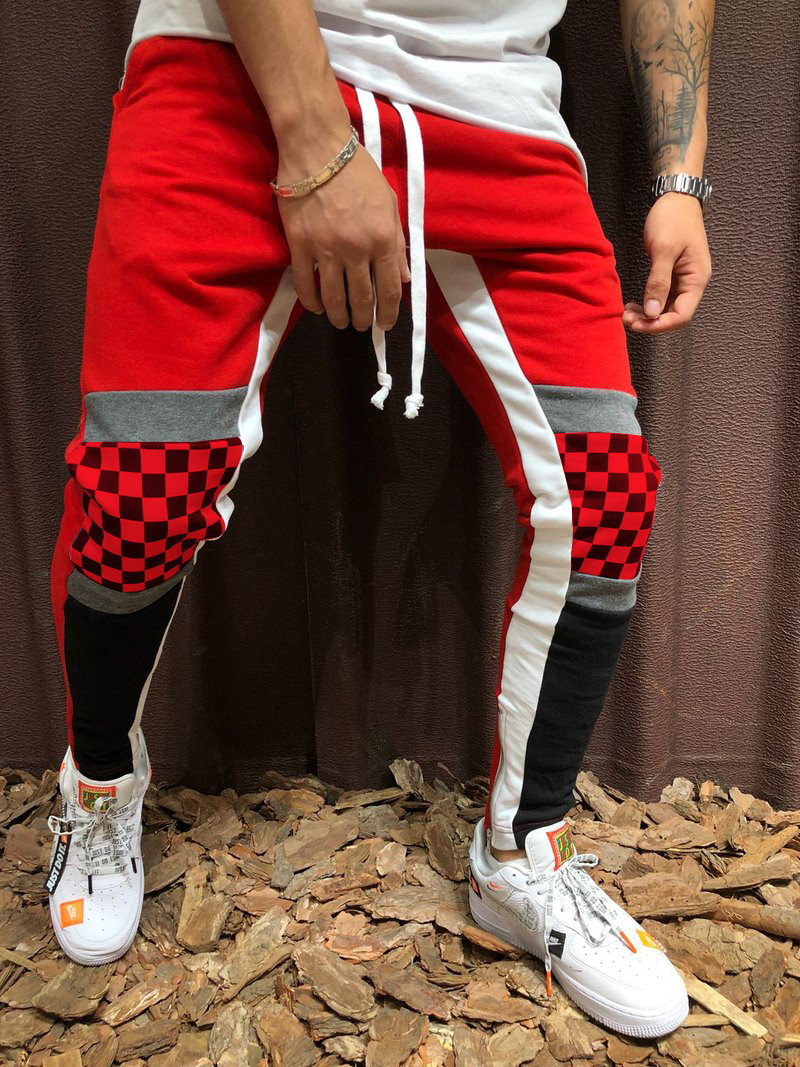 Men's Casual Sports Jogging Pants Plaid Color Matching Hip Hop Fitness Foot Stitching Trousers