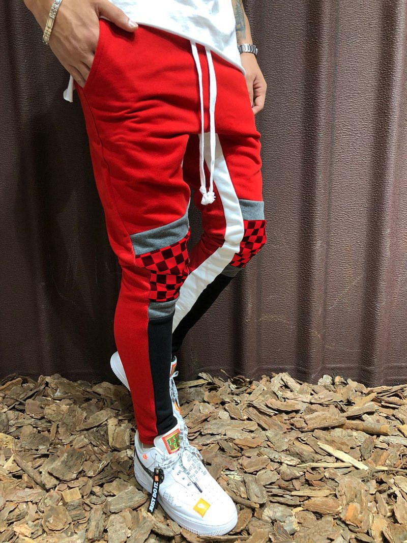 Men's Casual Sports Jogging Pants Plaid Color Matching Hip Hop Fitness Foot Stitching Trousers