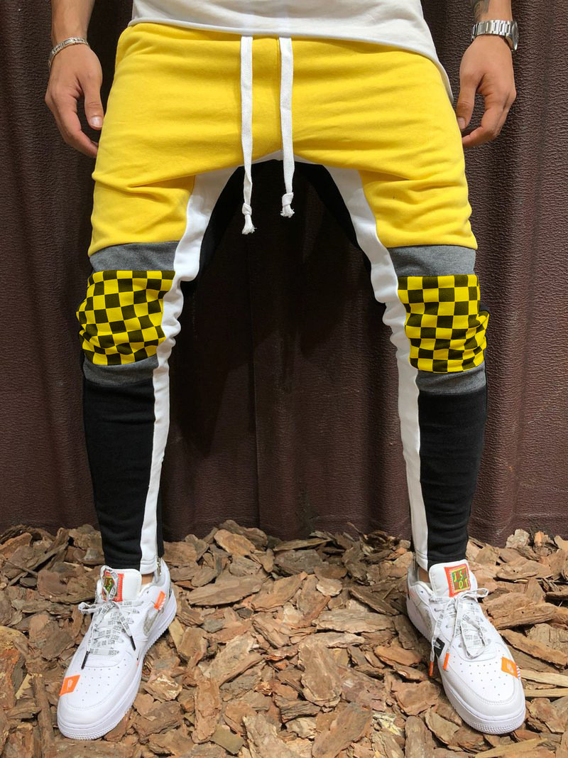 Men's Casual Sports Jogging Pants Plaid Color Matching Hip Hop Fitness Foot Stitching Trousers