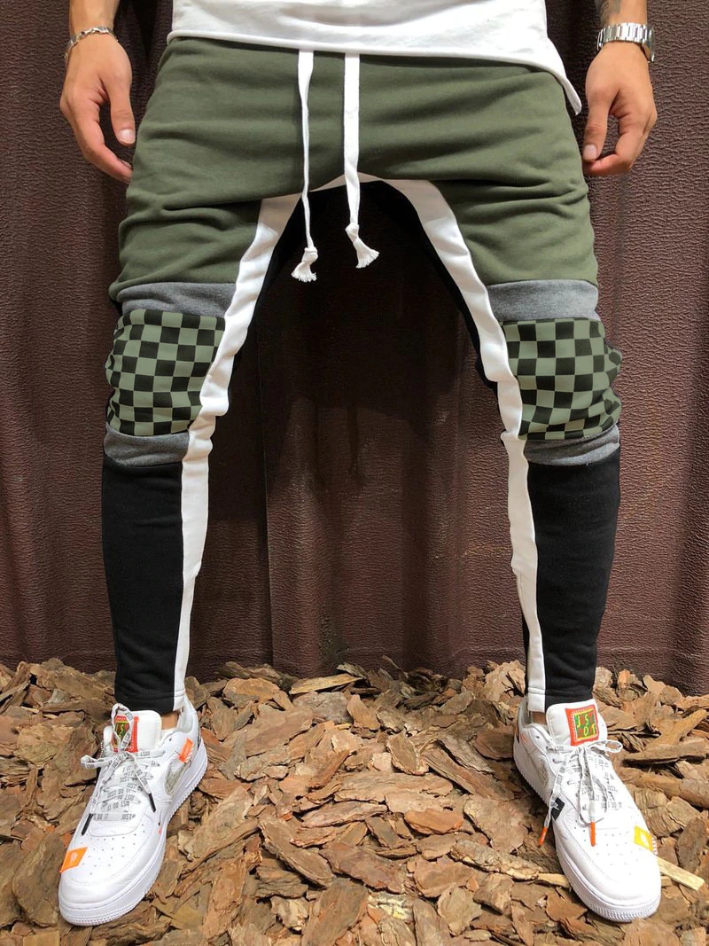 Men's Casual Sports Jogging Pants Plaid Color Matching Hip Hop Fitness Foot Stitching Trousers