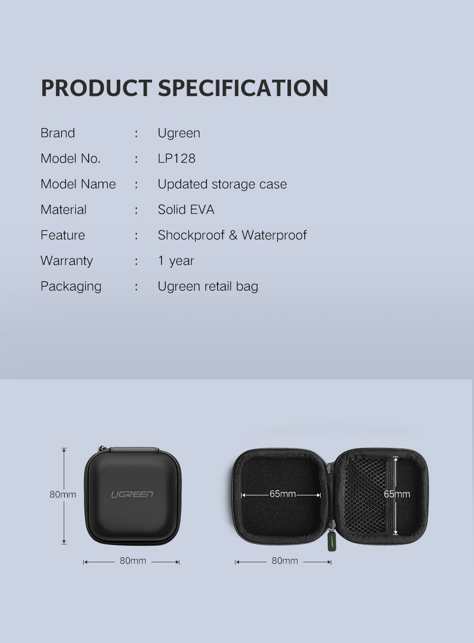UGREEN Zipper Earphones Earbuds Carrying Bag Case Memory Card USB Cable Waterproof Organizer Box