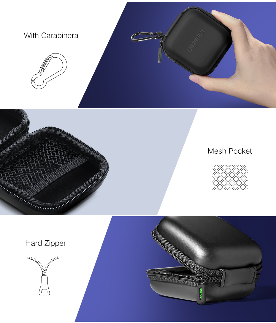 UGREEN Zipper Earphones Earbuds Carrying Bag Case Memory Card USB Cable Waterproof Organizer Box