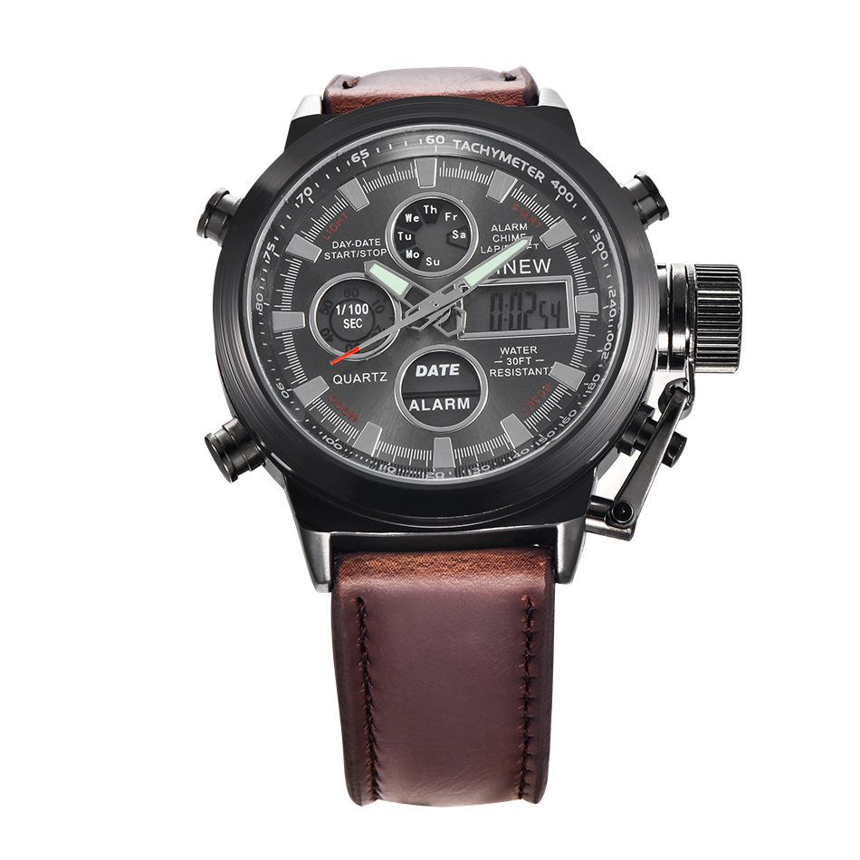 Luxury Men Watches Leather Band Japan Movt Quartz Digital  Casual LED Watch Watches