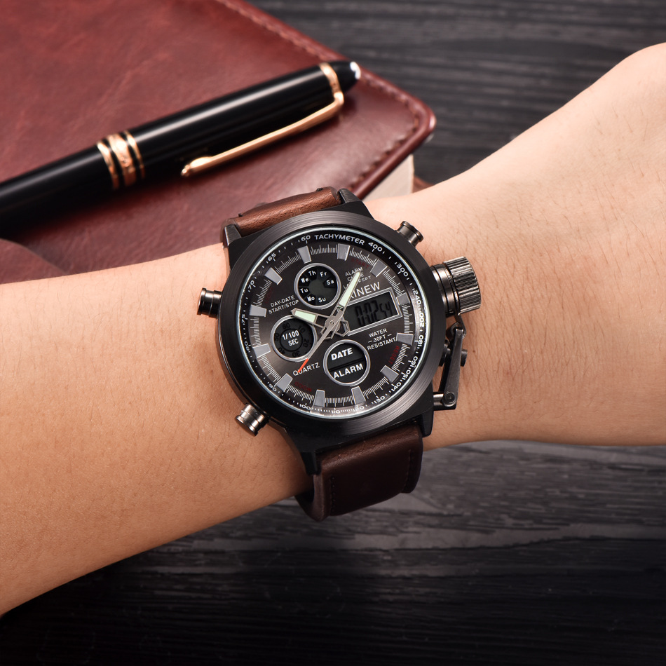 Luxury Men Watches Leather Band Japan Movt Quartz Digital  Casual LED Watch Watches