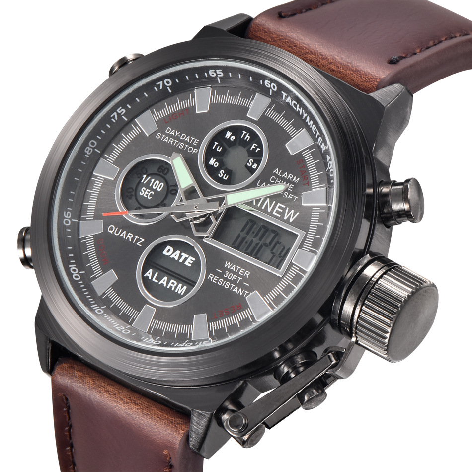 Luxury Men Watches Leather Band Japan Movt Quartz Digital  Casual LED Watch Watches