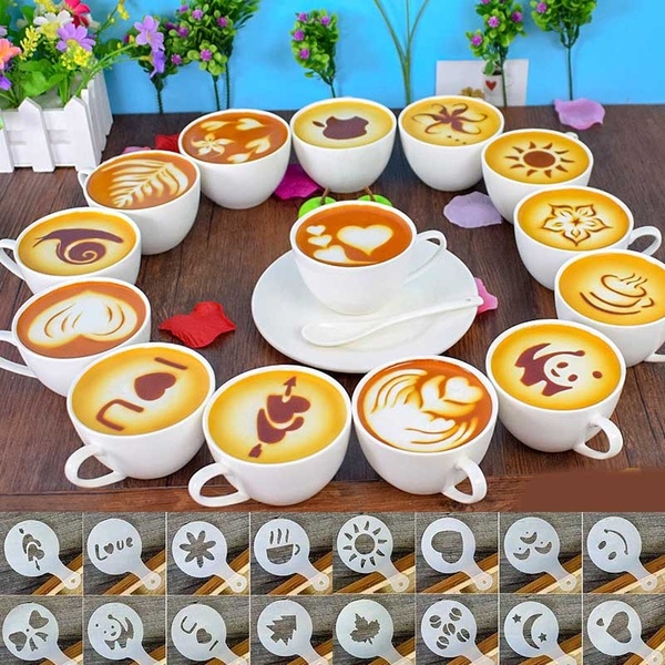 32 PCS/ Set Mixed Styles Cappuccino Latte Coffee Stencils Duster Cake Spray, Coffee DIY Art Stencils