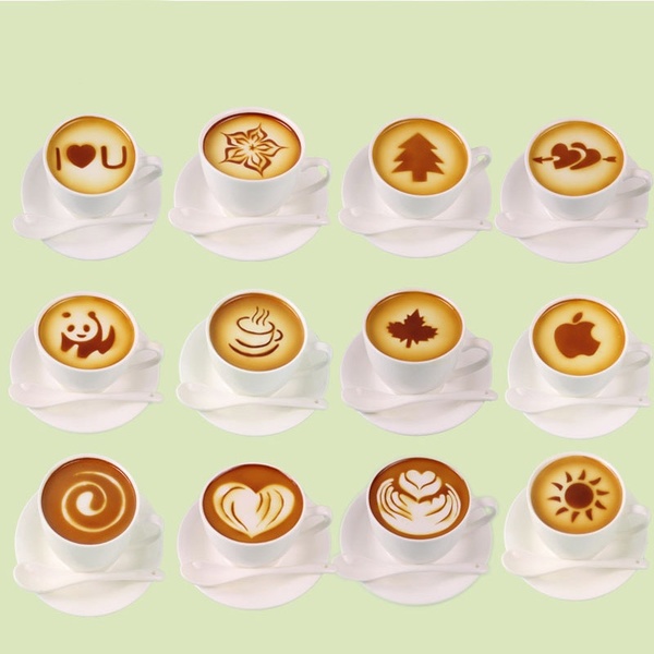 32 PCS/ Set Mixed Styles Cappuccino Latte Coffee Stencils Duster Cake Spray, Coffee DIY Art Stencils