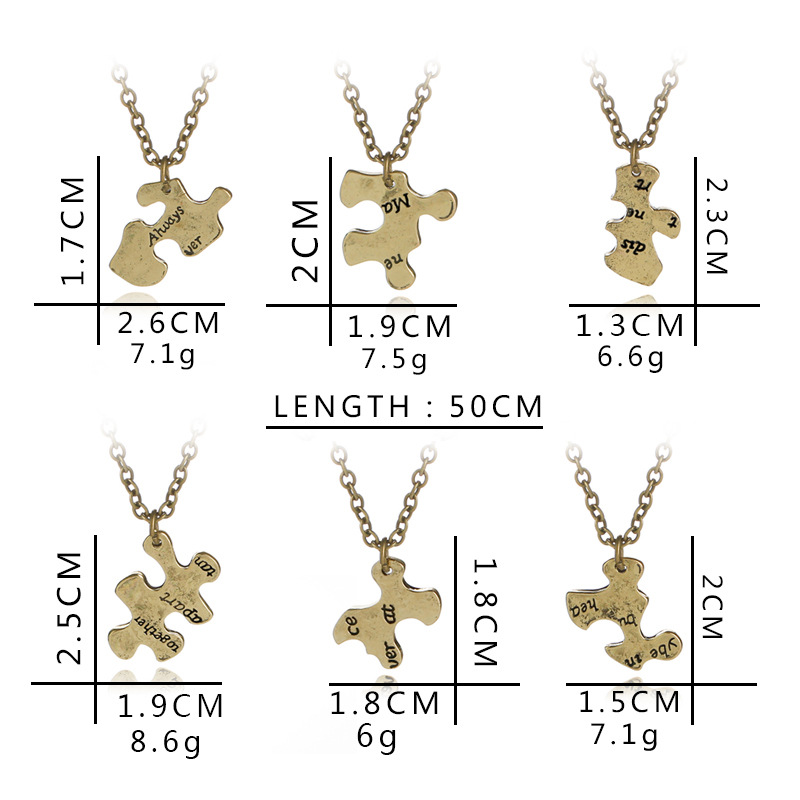 6pcs Always together Never Apart Matching Puzzle Best Friends Pendant Necklaces For 6 Friends Family