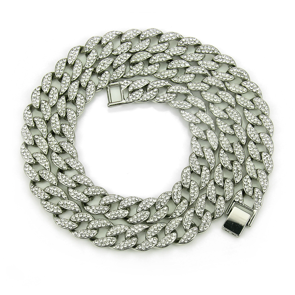Hip Hop 18K Gold Plated Iced Out Shiny Simulated Clear Cuban Chain Necklace &amp; Bracelet  Jewelry