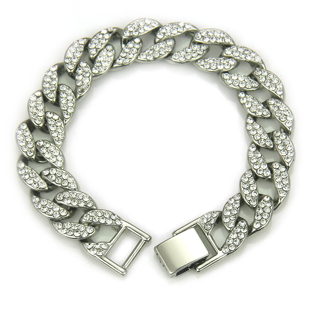 Hip Hop 18K Gold Plated Iced Out Shiny Simulated Clear Cuban Chain Necklace &amp; Bracelet  Jewelry