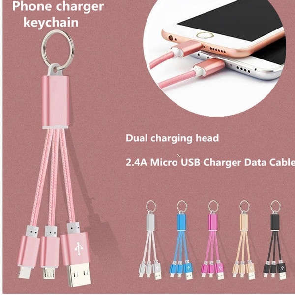 Dual-head Mobile Phone Charging Data Cable Keychains Nylon Charger Micro USB