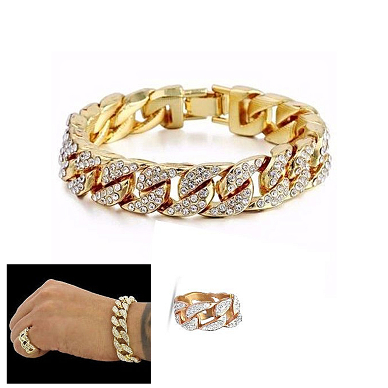 Men's Fashion Iced Out Stone Hand Chain With Ring Jewellery Cuban Gold Hand Chain And Ring