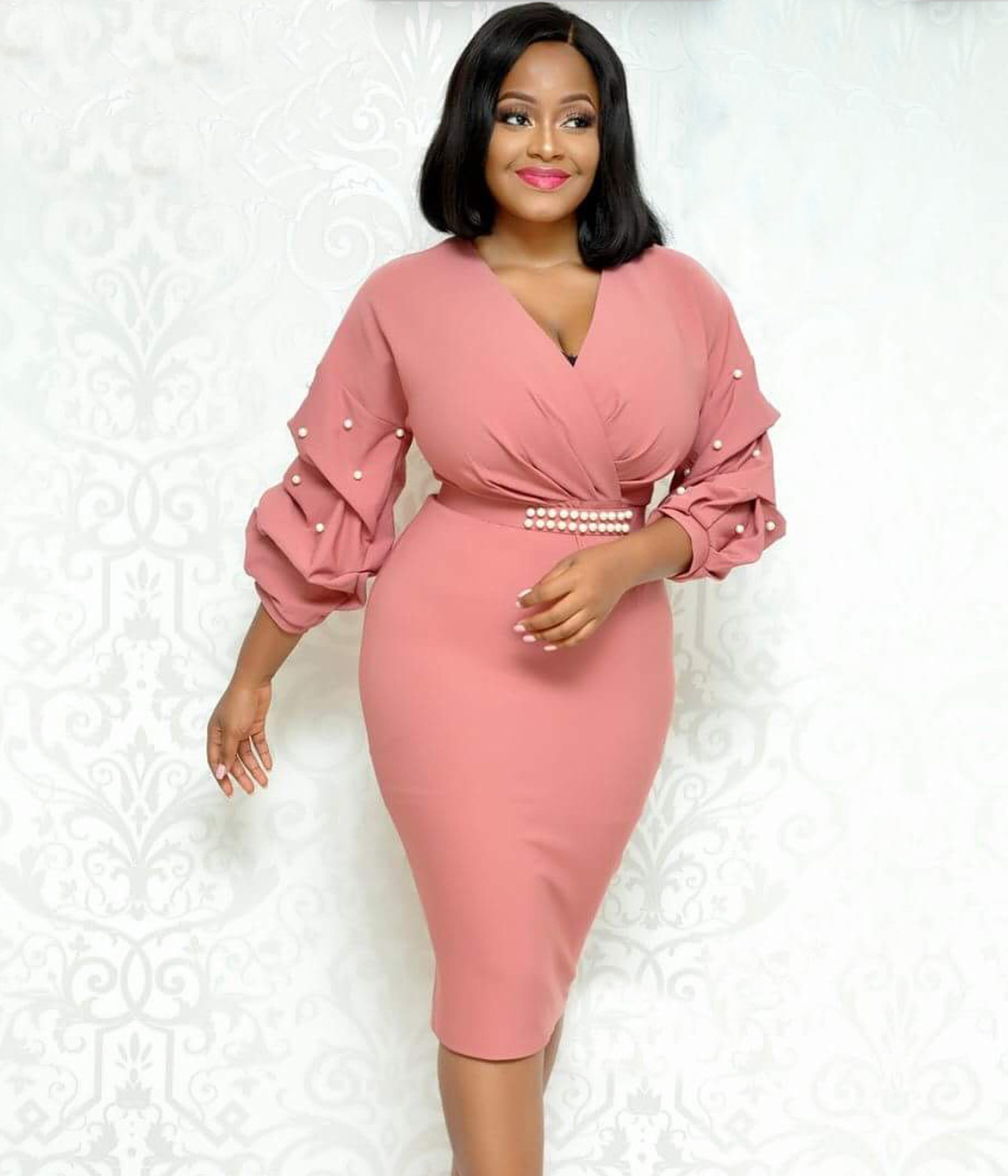 Corporate Gown Womens Summer Elegant Wrapped  Belted Floral Print Casual Sheath Pencil Fitted Dress