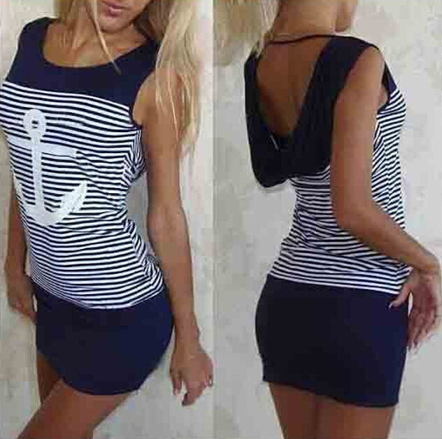 Spring Fashion Women Stripe Shorts Sleeve O-Neck Skirts Sexy Ladies One Piece Dresses