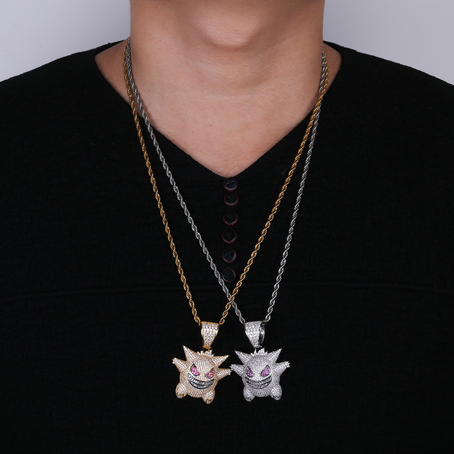 Hip Hop Jewelry Mask Gengar Necklace New Arrival Pokemon Pendant Cubic Zircon Copper Necklace