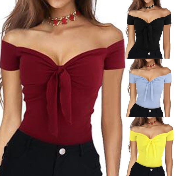 Summer Women's Bandage Deep V Neck Off Shoulder T Shirt Sexy Slim Fit Short Sleeve Ruffles Tops