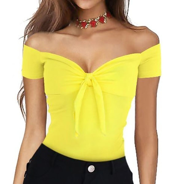 Summer Women's Bandage Deep V Neck Off Shoulder T Shirt Sexy Slim Fit Short Sleeve Ruffles Tops