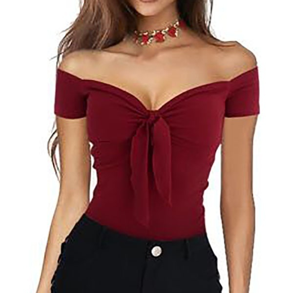 Summer Women's Bandage Deep V Neck Off Shoulder T Shirt Sexy Slim Fit Short Sleeve Ruffles Tops