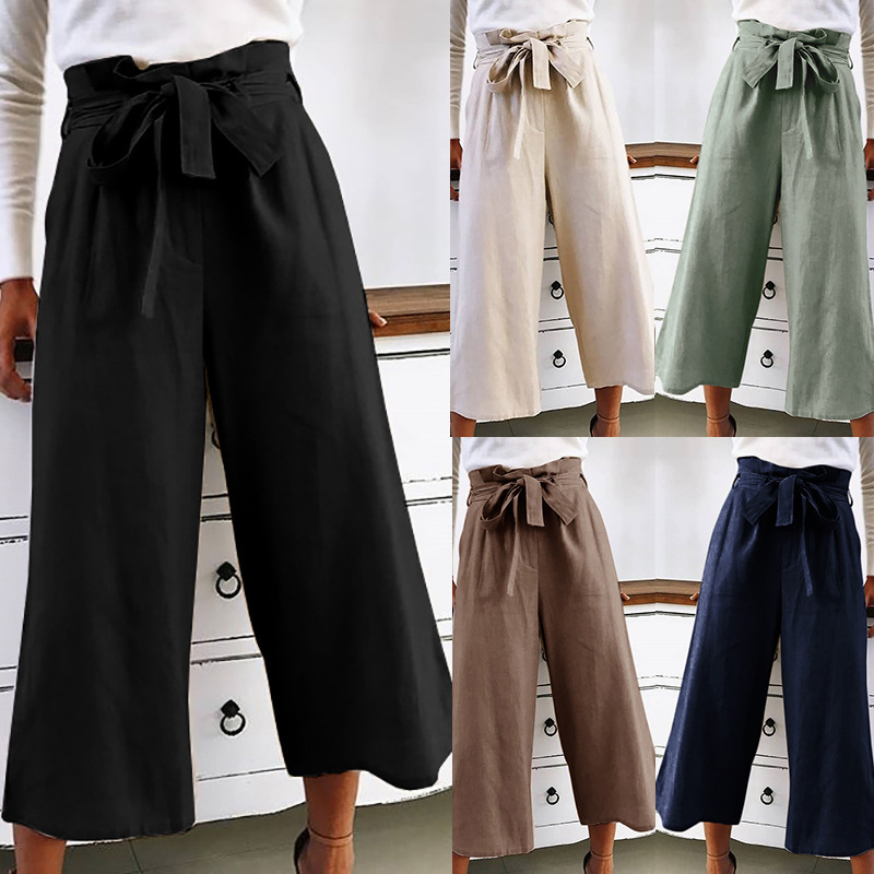 Womens Casual High-Waist Solid Color Wide Leg Long Pants Trousers Lace Up Loose Ladies Trousers