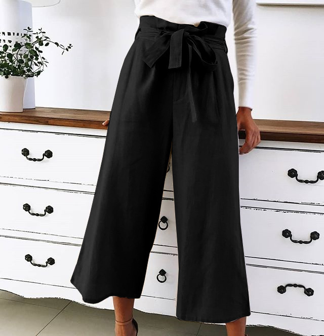Womens Casual High-Waist Solid Color Wide Leg Long Pants Trousers Lace Up Loose Ladies Trousers