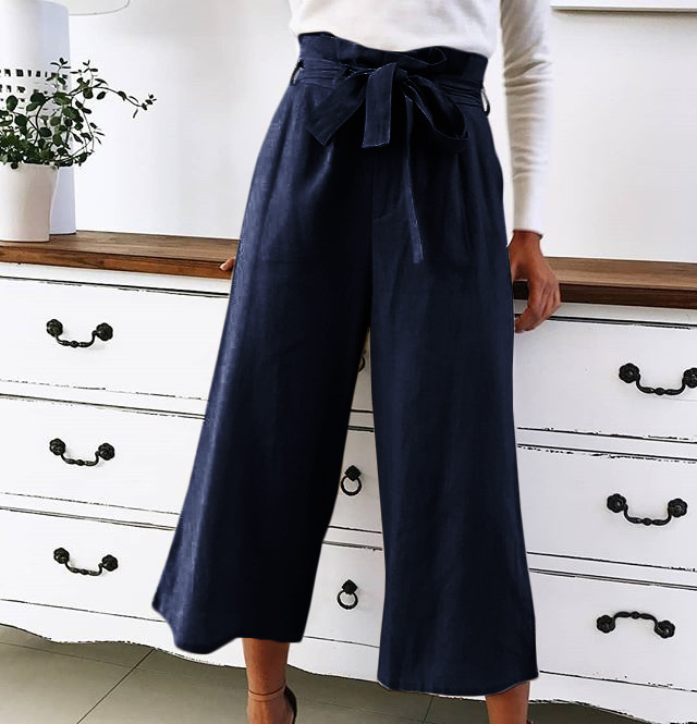 Womens Casual High-Waist Solid Color Wide Leg Long Pants Trousers Lace Up Loose Ladies Trousers