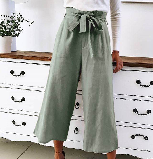 Womens Casual High-Waist Solid Color Wide Leg Long Pants Trousers Lace Up Loose Ladies Trousers