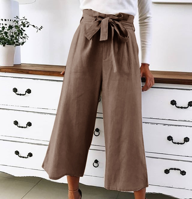 Womens Casual High-Waist Solid Color Wide Leg Long Pants Trousers Lace Up Loose Ladies Trousers